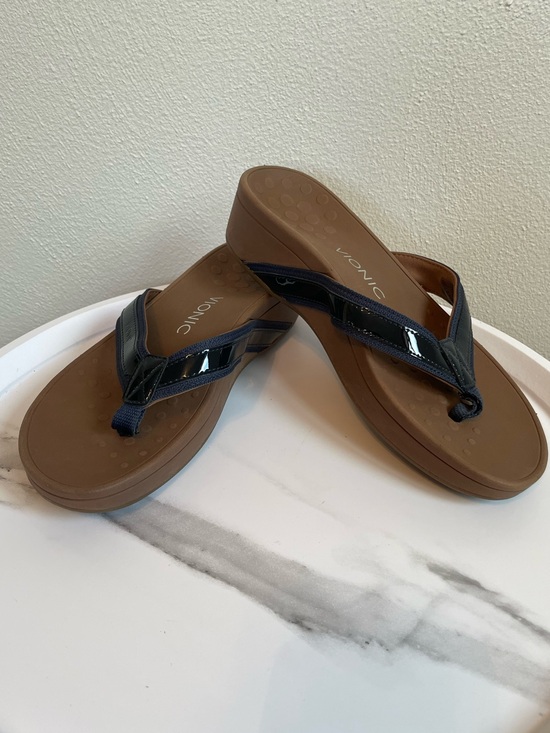 Vionic Shoes - Vionic Womens Flip Flop Sandals High Tide Wedge Black Navy Patent
Leather Sz 8